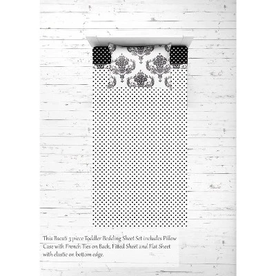 Bacati - Classic Damask Black Gray White 3 Pc Toddler Bed Sheet Set 6 Bacati - Classic Damask Black Gray White 3 Pc Toddler Bed Sheet Set - Image 4