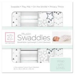 SwaddleDesigns Cotton Muslin Swaddle Blankets - Starshine Shimmer - 4pk - Sterling Gray