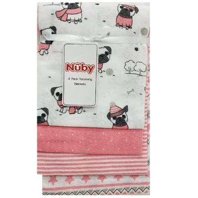 Nuby 4-Pack Pink Pug Girl Receiving Blankets Gift Set 3 Nuby 4-Pack Pink Pug Girl Receiving Blankets Gift Set