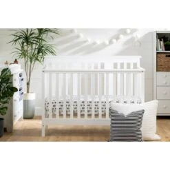 South Shore Little Smileys Modern Baby Crib Adjustable Height Mattress With Toddler Rail - Pure White