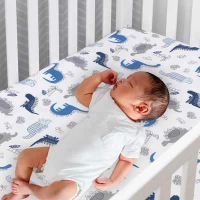 Lambs & Ivy Baby Dino 100% Cotton Blue/White/Gray Dinosaur Fitted Crib Sheet 3 Lambs & Ivy Baby Dino 100% Cotton Blue/White/Gray Dinosaur Fitted Crib Sheet