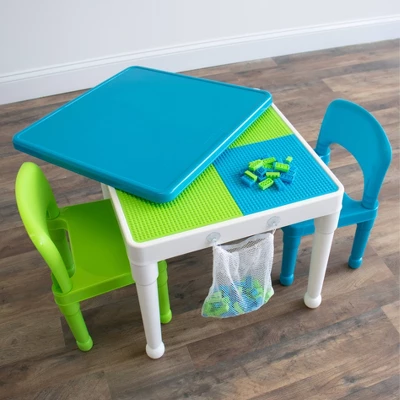 3pc Kids' 2 In 1 Square Activity Table With Chairs And 100pc Building Blocks White/Green/Blue - Humble Crew 7 3pc Kids' 2 In 1 Square Activity Table With Chairs And 100pc Building Blocks White/Green/Blue - Humble Crew - Image 5