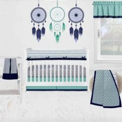 Bacati - Noah Long Crib Rail Guard Cover Mint/navy -Love To Dream Baby Shop GUEST a3154200 c9e6 4d0b a052 d567e2adc1da