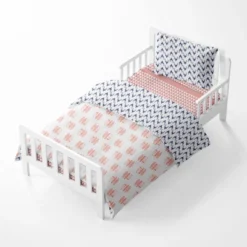 Bacati - Olivia Coral/Navy Buck/Feathers/Triangles Muslin 4 Pc Toddler Bedding Set