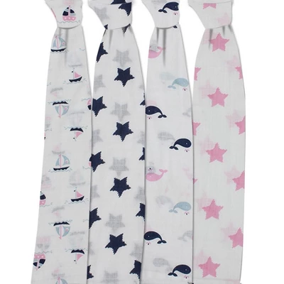 Bacati - Little Sailor Blue/Navy/Pink Girls Muslin Swaddling Blankets Set Of 4 4 Bacati - Little Sailor Blue/Navy/Pink Girls Muslin Swaddling Blankets Set Of 4 - Image 2