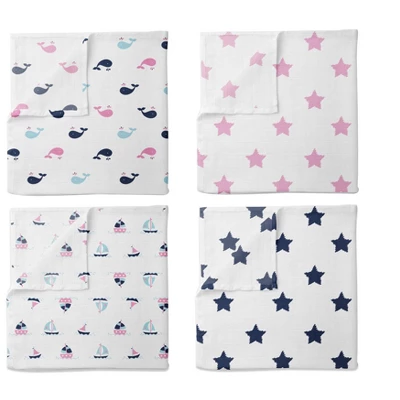 Bacati - Little Sailor Blue/Navy/Pink Girls Muslin Swaddling Blankets Set Of 4 3 Bacati - Little Sailor Blue/Navy/Pink Girls Muslin Swaddling Blankets Set Of 4