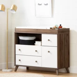 Yodi Changing Table With Drawers - Natural Walnut And Pure White - South Shore