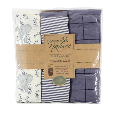 Touched By Nature Baby Boy Organic Cotton Swaddle Wraps, Elephant, 0-3 Months 3 Touched By Nature Baby Boy Organic Cotton Swaddle Wraps, Elephant, 0-3 Months