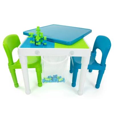 3pc Kids' 2 In 1 Square Activity Table With Chairs And 100pc Building Blocks White/Green/Blue - Humble Crew 3 3pc Kids' 2 In 1 Square Activity Table With Chairs And 100pc Building Blocks White/Green/Blue - Humble Crew