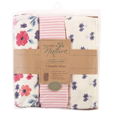 Touched By Nature Baby Girl Organic Cotton Swaddle Wraps, Garden Floral, 0-3 Months 3 Touched By Nature Baby Girl Organic Cotton Swaddle Wraps, Garden Floral, 0-3 Months